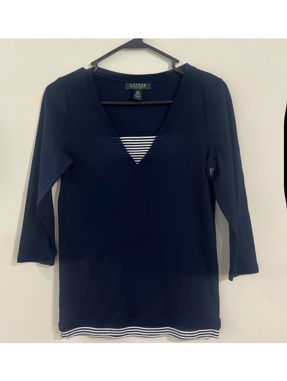 Lauren Ralph Lauren Navy Blue Cotton V-Neck Top with Striped Trim, Size PM